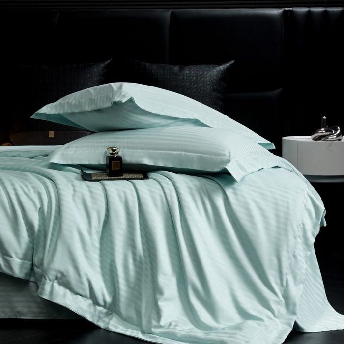 91家纺网 家纺一手货源 找家纺 绒世界 绒世界 2025新款四季款高端贡缎条纹水洗真丝四件套 白茶绿