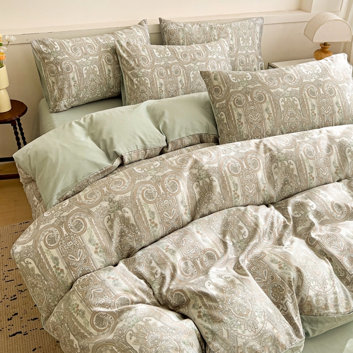 91家纺网 家纺一手货源 找家纺 庭彤 2025春夏新款莱赛尔天丝印花三件套四件套 佛罗伦萨浅绿