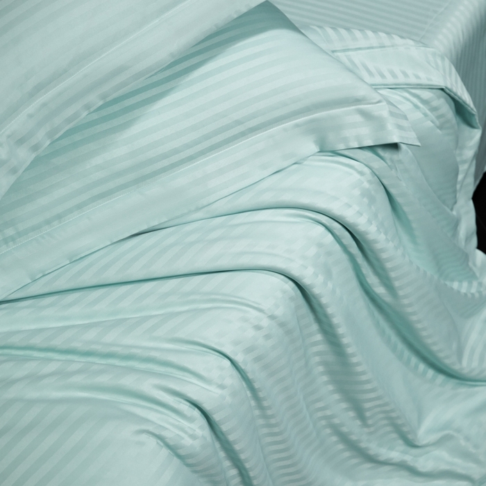 91家纺网 家纺一手货源 找家纺 绒世界 绒世界 2025新款四季款高端贡缎条纹水洗真丝四件套 白茶绿