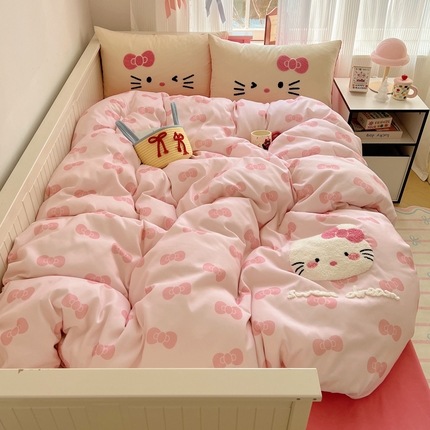 91家纺网 家纺一手货源 找家纺 （总）桃喜 2025新款猫咪系列印花毛巾绣水洗棉四件套（会员-5）