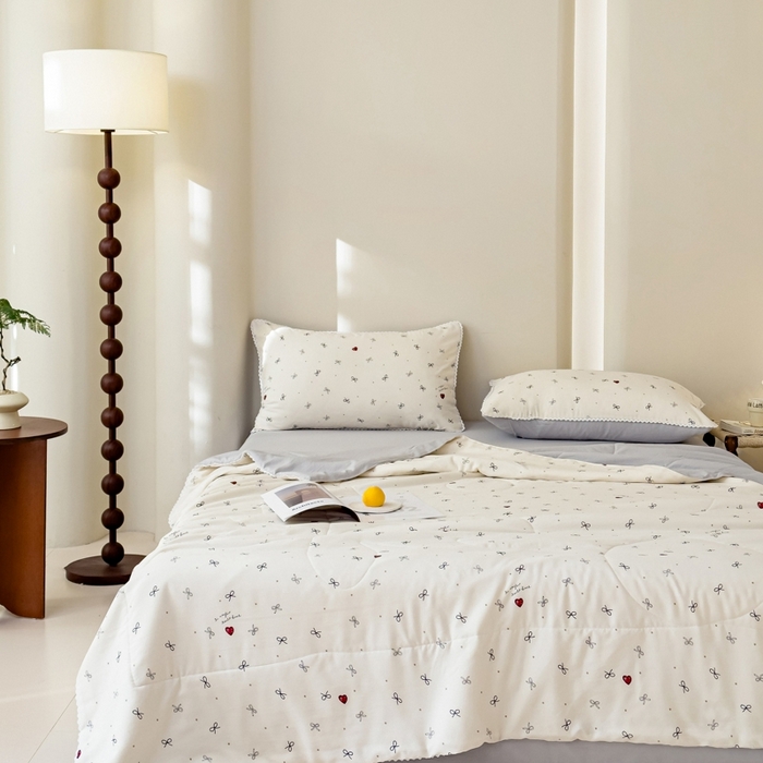 91家纺网 家纺一手货源 找家纺 仁凯家纺 2025新款针织棉双层纱棉花夏凉被【百分百新疆棉花填充包检测（提供买家秀）】 爱心蝴蝶结