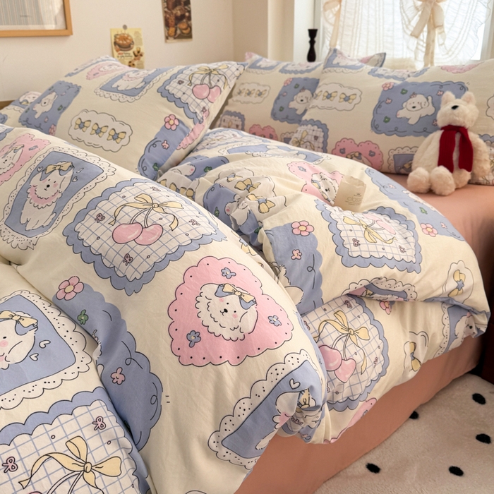 91家纺网 家纺一手货源 找家纺 晚爱家纺2025新款ins风卡通小清新超柔裸睡水洗棉四件套学生宿舍三件套 爱心小狗