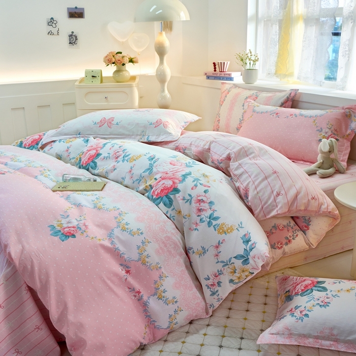 91家纺网 家纺一手货源 找家纺 珂博家纺 2025新款12868全棉纯棉小清新印花四件套 花馨之梦