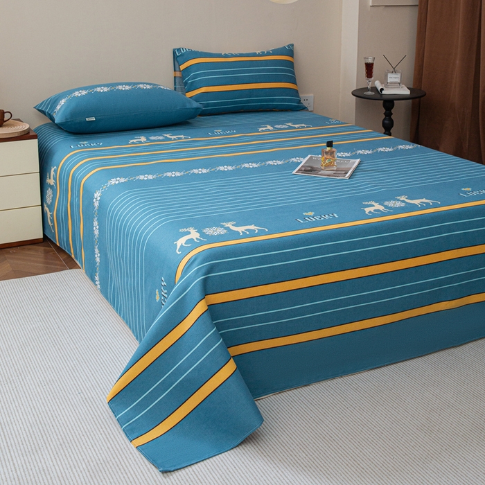 91家纺网 家纺一手货源 找家纺 邵依家纺 2025新款原棉老粗布印花床单系列 鹿缘-蓝