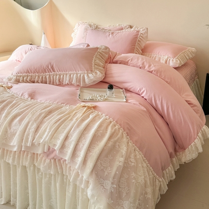 富米莱（原臻工厂）2025新款法式高端白月光水洗棉床盖四件套 粉色