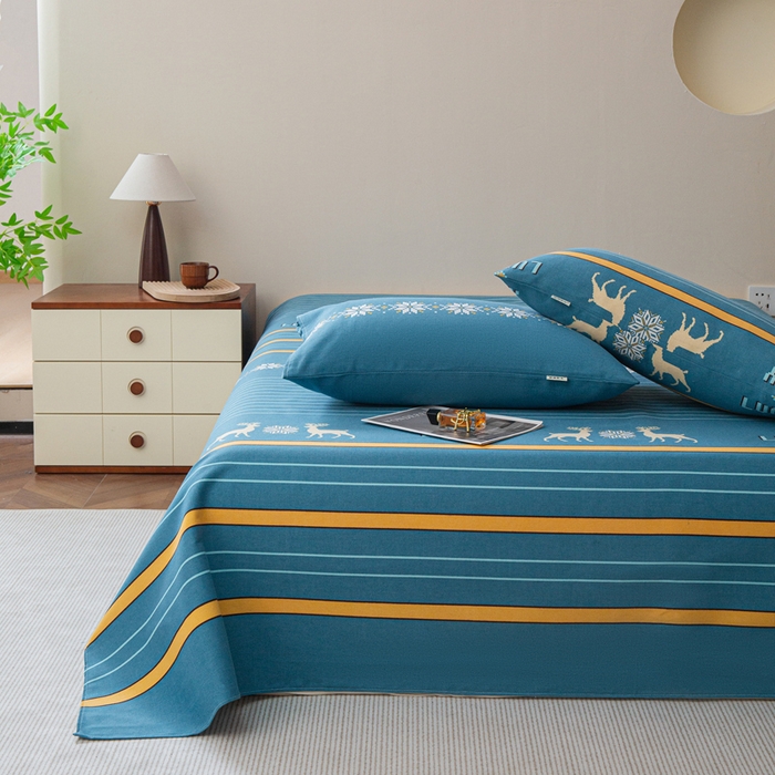 91家纺网 家纺一手货源 找家纺 邵依家纺 2025新款原棉老粗布印花床单系列 鹿缘-蓝