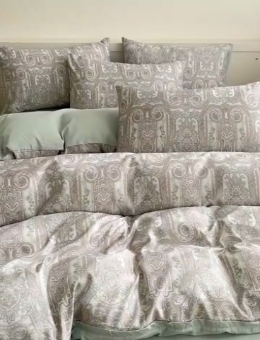 91家纺网 家纺一手货源 找家纺 庭彤 2025春夏新款莱赛尔天丝印花三件套四件套 佛罗伦萨浅绿