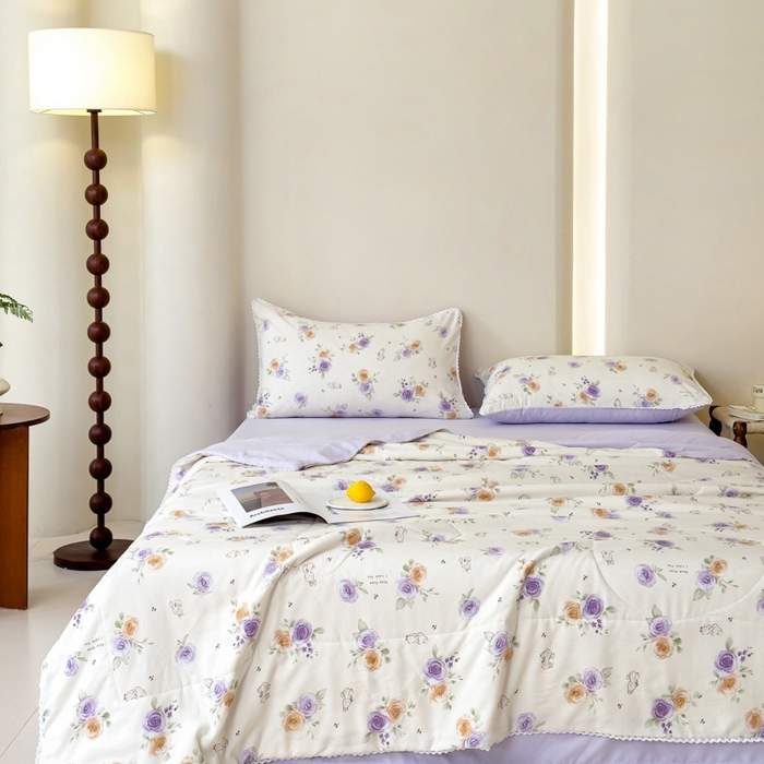 91家纺网 家纺一手货源 找家纺 仁凯家纺 2025新款针织棉双层纱棉花夏凉被【百分百新疆棉花填充包检测（提供买家秀）】 玫瑰兔