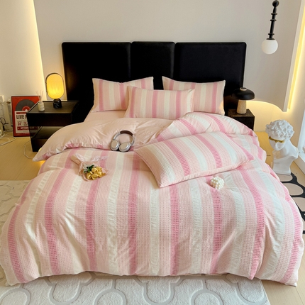 91家纺网 家纺一手货源 找家纺 静家居 2025新款A类渐变华夫格提花简约系列四件套 简约-粉
