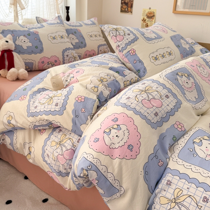 91家纺网 家纺一手货源 找家纺 晚爱家纺2025新款ins风卡通小清新超柔裸睡水洗棉四件套学生宿舍三件套 爱心小狗