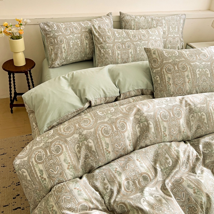 91家纺网 家纺一手货源 找家纺 庭彤 2025春夏新款莱赛尔天丝印花三件套四件套 佛罗伦萨浅绿