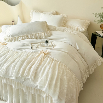 91家纺网 家纺一手货源 找家纺 富米莱（原臻工厂）2025新款法式高端白月光水洗棉床盖四件套 米色