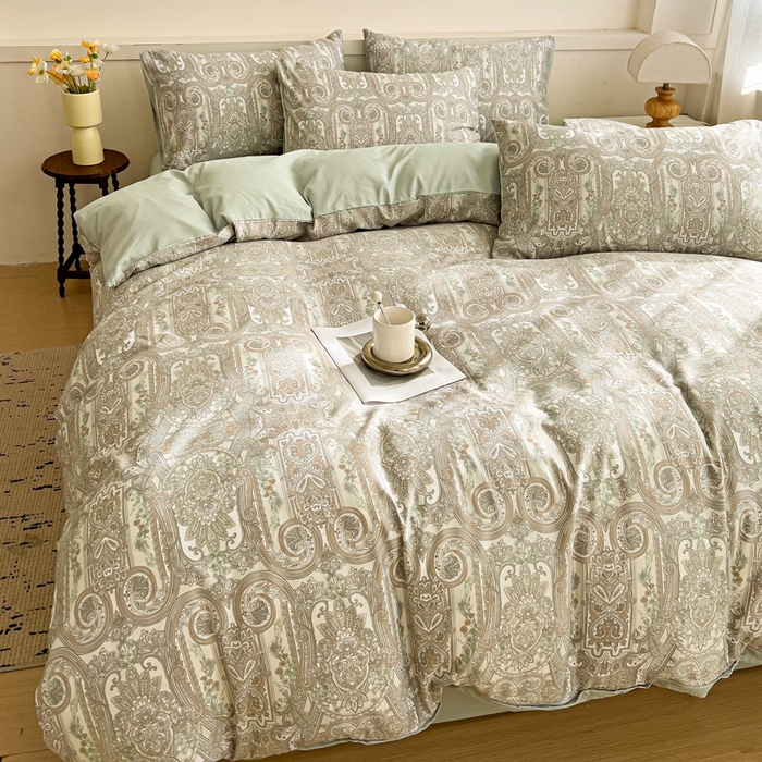 91家纺网 家纺一手货源 找家纺 庭彤 2025春夏新款莱赛尔天丝印花三件套四件套 佛罗伦萨浅绿