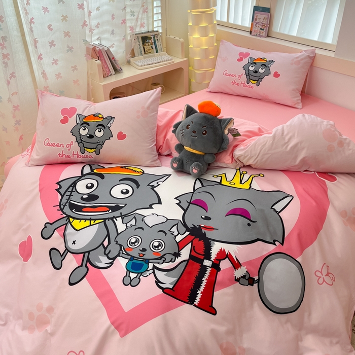 91家纺网 家纺一手货源 找家纺 金爱家 2025新款喜洋洋纯棉数码印花系列四件套 灰灰家族