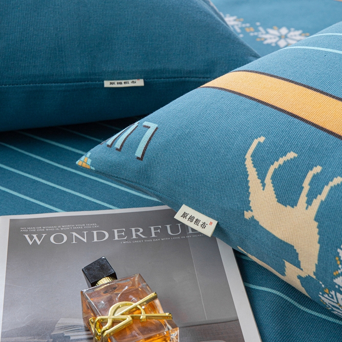 91家纺网 家纺一手货源 找家纺 邵依家纺 2025新款原棉老粗布印花床单系列 鹿缘-蓝