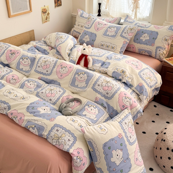 91家纺网 家纺一手货源 找家纺 晚爱家纺2025新款ins风卡通小清新超柔裸睡水洗棉四件套学生宿舍三件套 爱心小狗