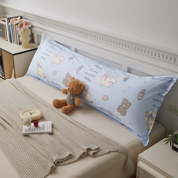 91家纺网 家纺一手货源 找家纺 翎盈家纺 2025新款纯棉小清新双人枕套 奶油阿布-蓝