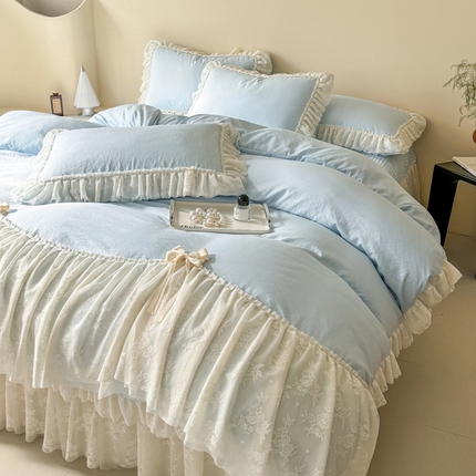 91家纺网 家纺一手货源 找家纺 富米莱（原臻工厂）2025新款法式高端白月光水洗棉床盖四件套 蓝色