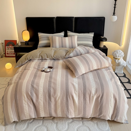 91家纺网 家纺一手货源 找家纺 静家居 2025新款A类渐变华夫格提花简约系列四件套 简约-粉