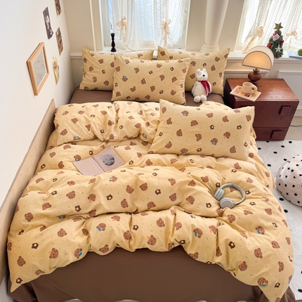 晚爱家纺2025新款ins风卡通小清新超柔裸睡水洗棉四件套学生宿舍三件套 复古小熊