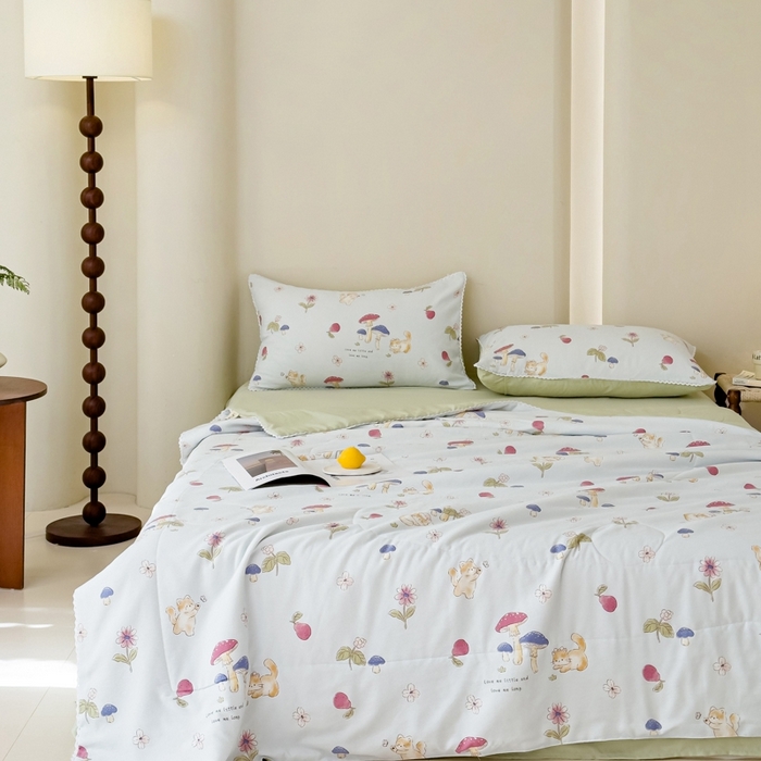 91家纺网 家纺一手货源 找家纺 仁凯家纺 2025新款针织棉双层纱棉花夏凉被【百分百新疆棉花填充包检测（提供买家秀）】 蘑菇森林