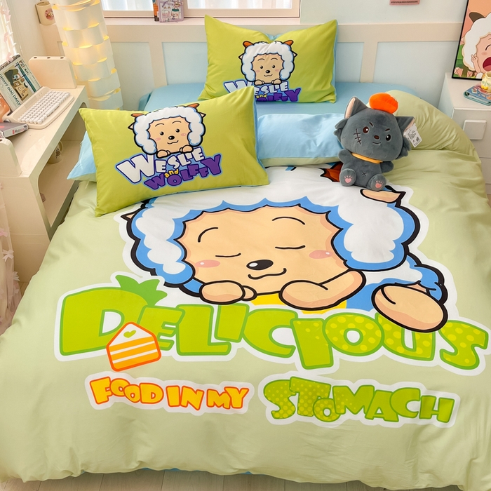 91家纺网 家纺一手货源 找家纺 金爱家 2025新款喜洋洋纯棉数码印花系列四件套 美梦羊羊