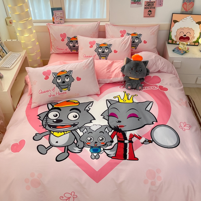 91家纺网 家纺一手货源 找家纺 金爱家 2025新款喜洋洋纯棉数码印花系列四件套 灰灰家族