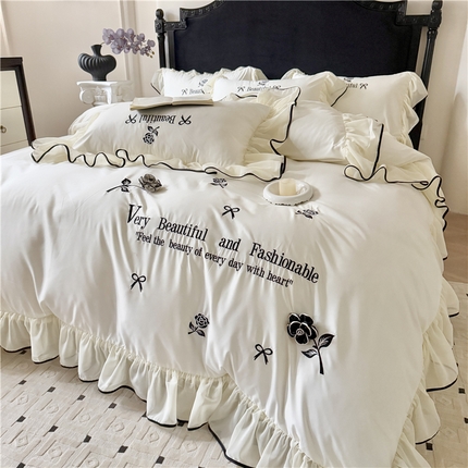 富盛家纺 2025新款水洗亲肤棉刺绣床裙款四件套公主风四件套 茹意—白