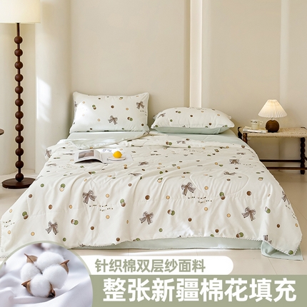 91家纺网 家纺一手货源 找家纺 仁凯家纺 2025新款针织棉双层纱棉花夏凉被【百分百新疆棉花填充包检测（提供买家秀）】 咖色蝴蝶结