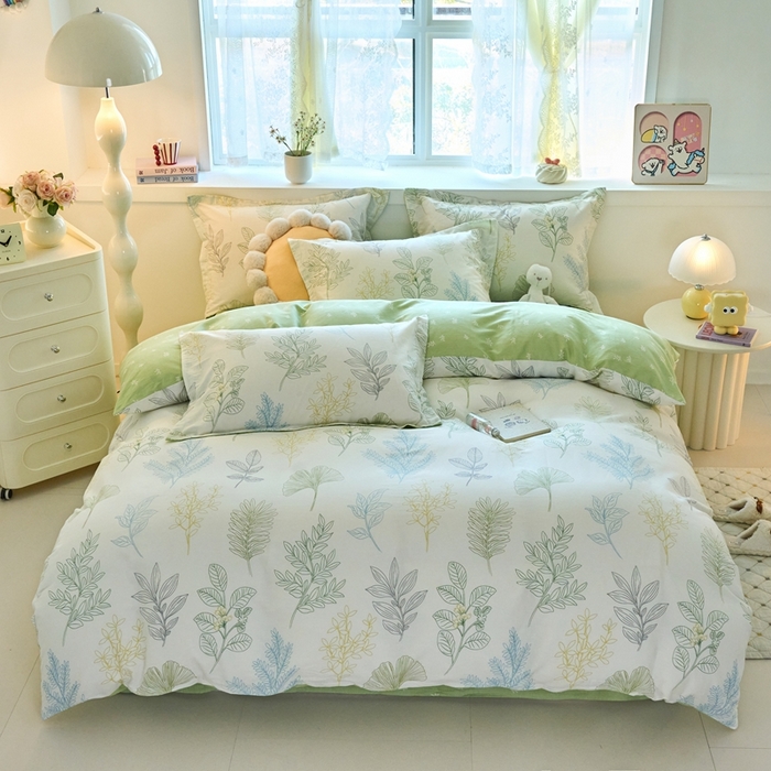 91家纺网 家纺一手货源 找家纺 珂博家纺 2025新款12868全棉纯棉小清新印花四件套 叶色来香