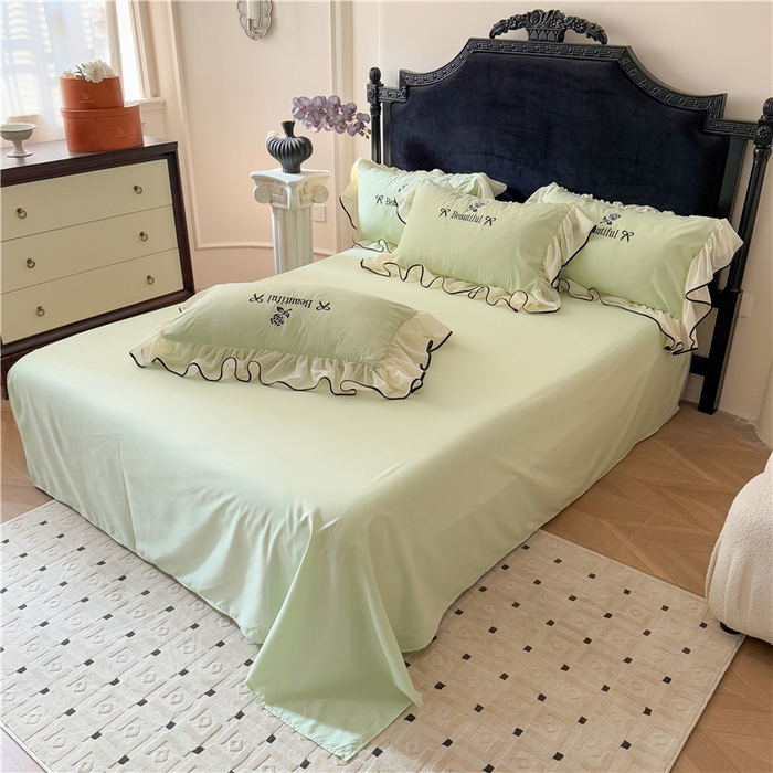 91家纺网 家纺一手货源 找家纺 富盛家纺 2025新款水洗亲肤棉刺绣床裙款四件套公主风四件套 茹意—嫩绿