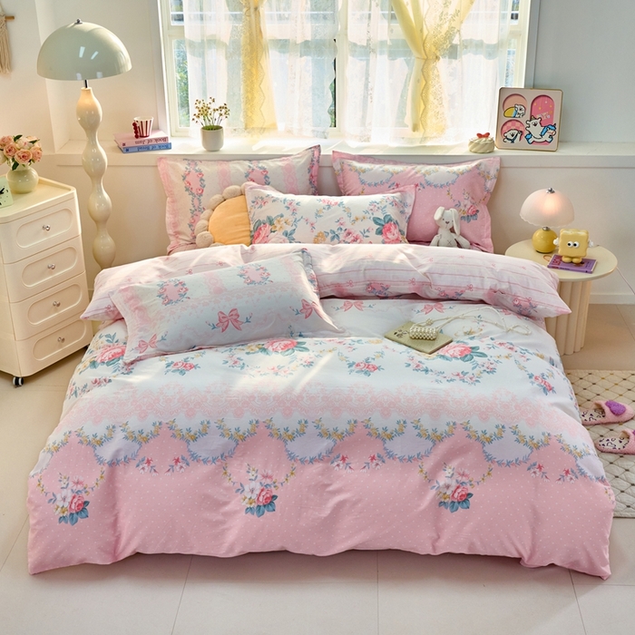 91家纺网 家纺一手货源 找家纺 珂博家纺 2025新款12868全棉纯棉小清新印花四件套 花馨之梦