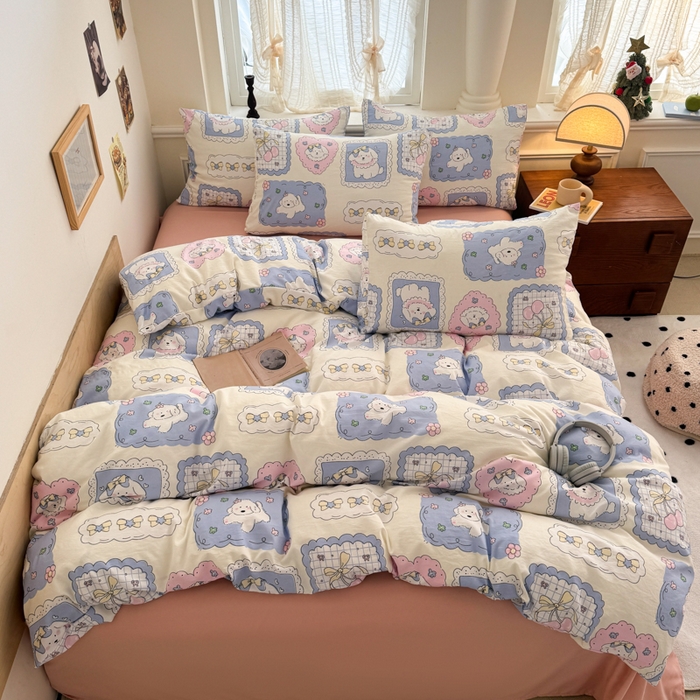 91家纺网 家纺一手货源 找家纺 晚爱家纺2025新款ins风卡通小清新超柔裸睡水洗棉四件套学生宿舍三件套 爱心小狗