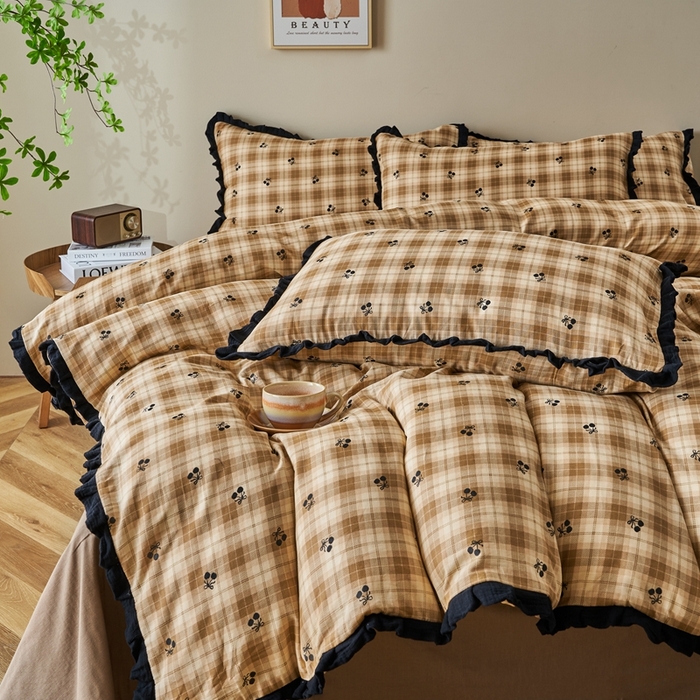 91家纺网 家纺一手货源 找家纺 （总）黛馨 2025新款全棉A类小清新双层纱四件套-皱皱边系列