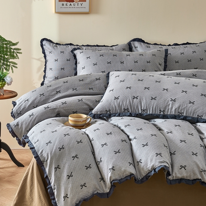 91家纺网 家纺一手货源 找家纺 （总）黛馨 2025新款全棉A类小清新双层纱四件套-皱皱边系列