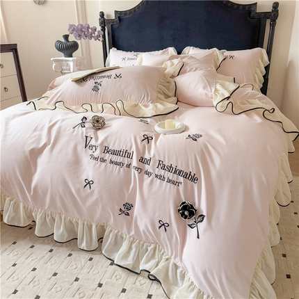 富盛家纺 2025新款水洗亲肤棉刺绣床裙款四件套公主风四件套 茹意—粉