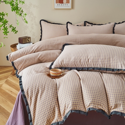 91家纺网 家纺一手货源 找家纺 （总）黛馨 2025新款全棉A类小清新双层纱四件套-皱皱边系列