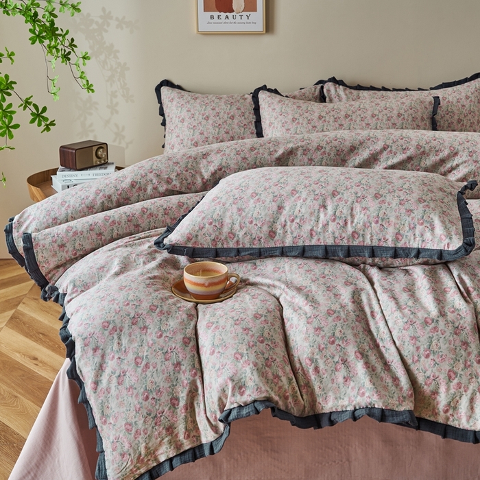 91家纺网 家纺一手货源 找家纺 （总）黛馨 2025新款全棉A类小清新双层纱四件套-皱皱边系列