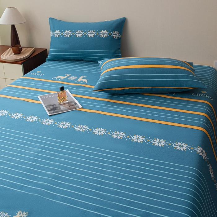 91家纺网 家纺一手货源 找家纺 邵依家纺 2025新款原棉老粗布印花床单系列 鹿缘-蓝