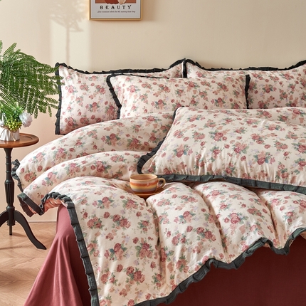 91家纺网 家纺一手货源 找家纺 （总）黛馨 2025新款全棉A类小清新双层纱四件套-皱皱边系列