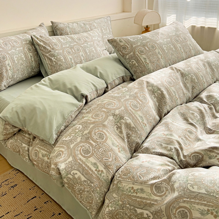 91家纺网 家纺一手货源 找家纺 庭彤 2025春夏新款莱赛尔天丝印花三件套四件套 佛罗伦萨浅绿