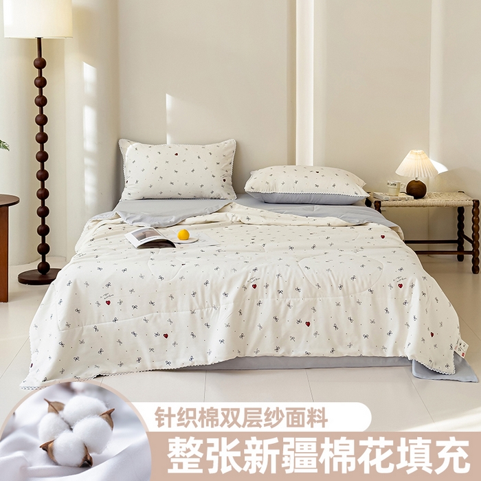 91家纺网 家纺一手货源 找家纺 仁凯家纺 2025新款针织棉双层纱棉花夏凉被【百分百新疆棉花填充包检测（提供买家秀）】 爱心蝴蝶结