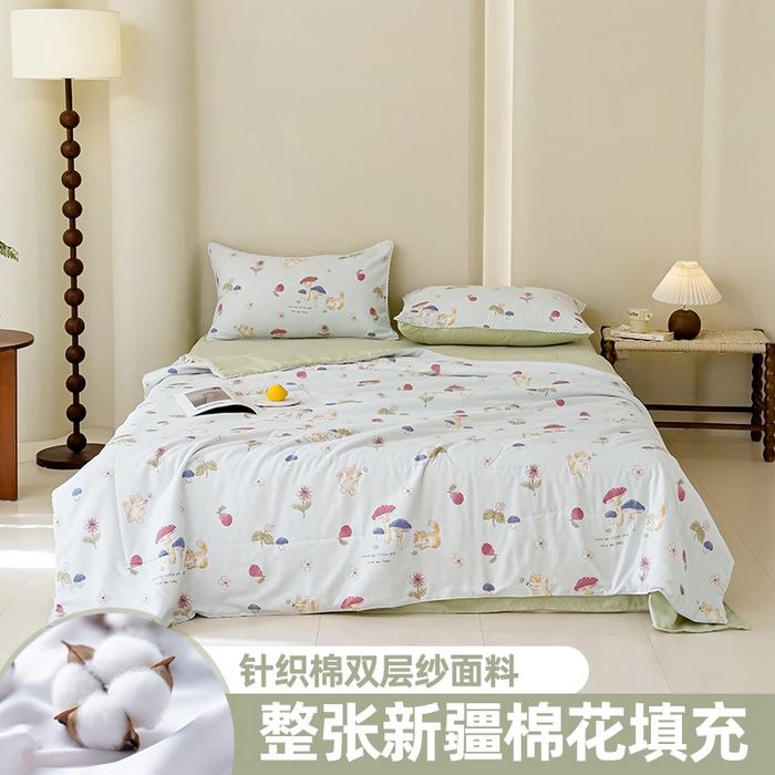 91家纺网 家纺一手货源 找家纺 仁凯家纺 2025新款针织棉双层纱棉花夏凉被【百分百新疆棉花填充包检测（提供买家秀）】 蘑菇森林