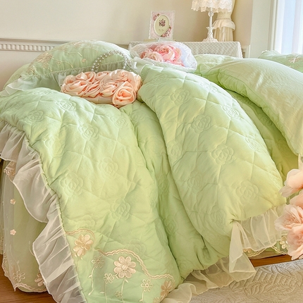 91家纺网 家纺一手货源 找家纺 瑞宝 2025新款水洗棉花边夹棉床裙甜优系列四件套（供货价+40）甜优-青柠绿