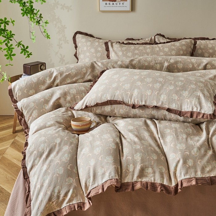 91家纺网 家纺一手货源 找家纺 （总）黛馨 2025新款全棉A类小清新双层纱四件套-皱皱边系列