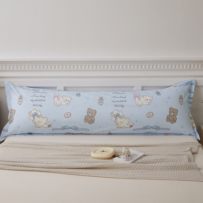 91家纺网 家纺一手货源 找家纺 翎盈家纺 2025新款纯棉小清新双人枕套 奶油阿布-蓝