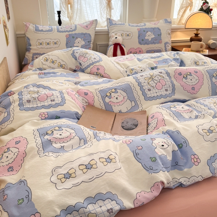 91家纺网 家纺一手货源 找家纺 晚爱家纺2025新款ins风卡通小清新超柔裸睡水洗棉四件套学生宿舍三件套 爱心小狗