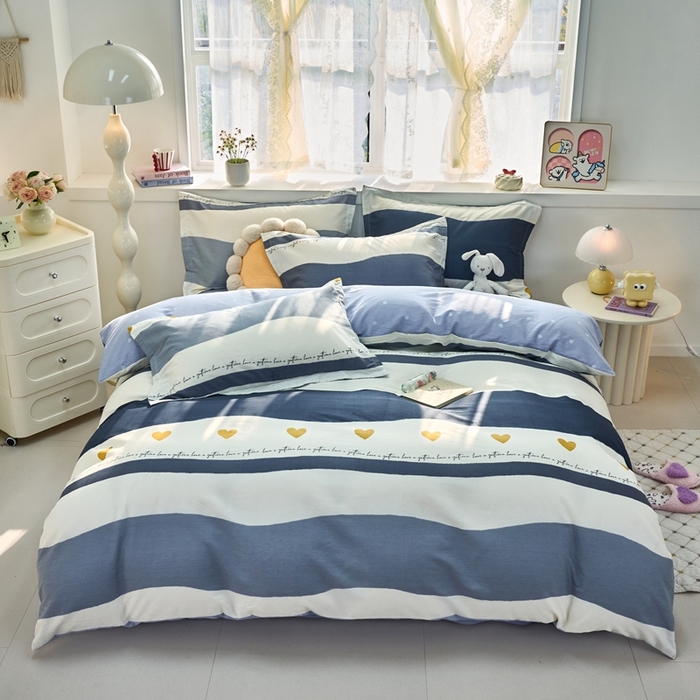 91家纺网 家纺一手货源 找家纺 珂博家纺 2025新款12868全棉纯棉小清新印花四件套 心语条纹