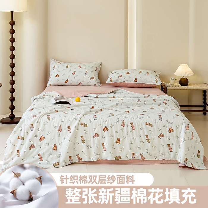91家纺网 家纺一手货源 找家纺 仁凯家纺 2025新款针织棉双层纱棉花夏凉被【百分百新疆棉花填充包检测（提供买家秀）】 绅士熊