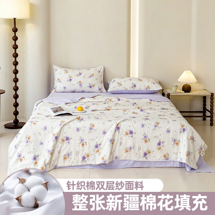 91家纺网 家纺一手货源 找家纺 仁凯家纺 2025新款针织棉双层纱棉花夏凉被【百分百新疆棉花填充包检测（提供买家秀）】 玫瑰兔